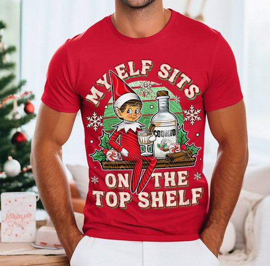 MY ELF SITS ON THE TOP SHELF RED DTF TRANSFERS