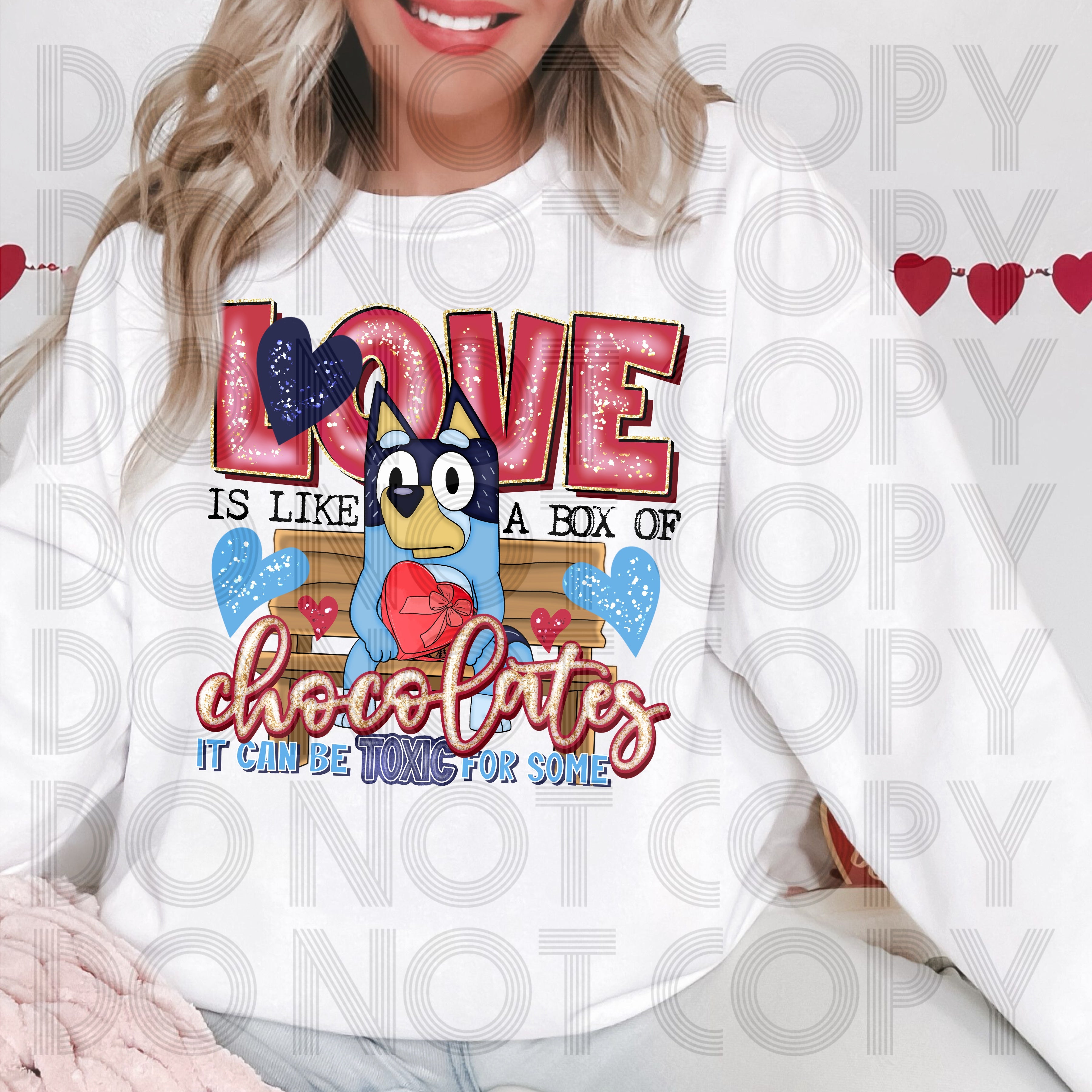 BLUE LOVE IS LIKE A BOX OF CHOCOLATES DTF TRANSFERS